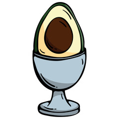 Vegan Easter concept with avocado half in boiled egg cup, hand drawn doodle icon for healthy breakfast menu and organic food branding, isolated vector.