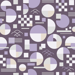 くすみカラーの和モダン幾何学シームレスパターン背景（パープル）：落ち着いたくすみパープルを基調に、円・半円・市松・直線を組み合わせた和モダン幾何学デザイン。北欧テイストを感じさせる配色で、和菓子パッケージ、ノート表紙、デザインペーパー、和雑貨など、通年で、幅広く活用可能な上品なシームレス背景素材。