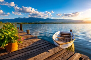 Obraz premium Serene Summer Scene of a Wooden Pier by the Lake with Majestic Mountains in View