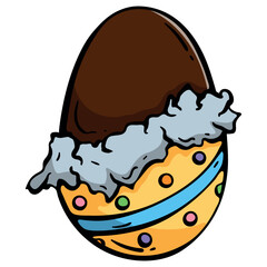Easter chocolate egg in foil wrapper half opened, hand drawn doodle icon for holiday confectionery menu and gift branding, isolated vector.