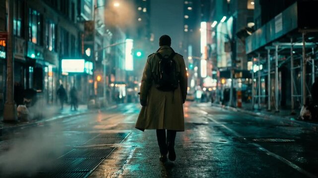 Woman walking alone on empty city street at night concept. Man walking alone on rainy city street at night with glowing lights and urban atmosphere