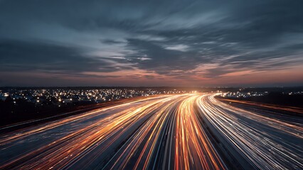 Obraz premium Dynamic Light Trails on Highway at Dusk Over Urban Landscape Panoramic