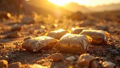 FlyPro Firefly Small Sealed Food Ration Packs Scattered on Rough Natural Ground Under Golden Sunlight