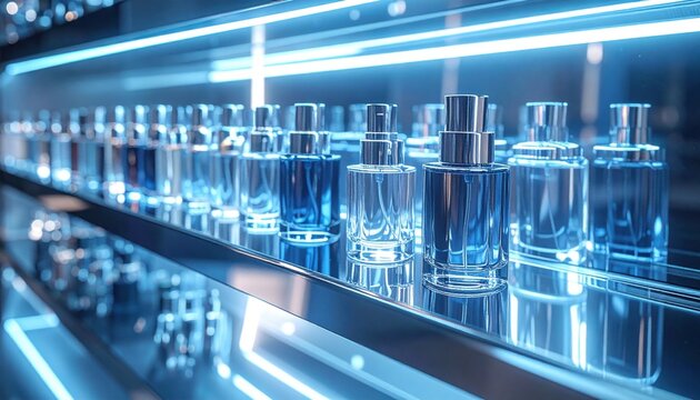 FlyPro Firefly Polished Chrome Perfume Display Shelf with Mirrored Finish Presenting Sleek Futuristic Perfume Bottles With Metal Accents