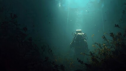 Fototapeta premium Diver Exploring Mysterious Underwater World in Deep Blue Water