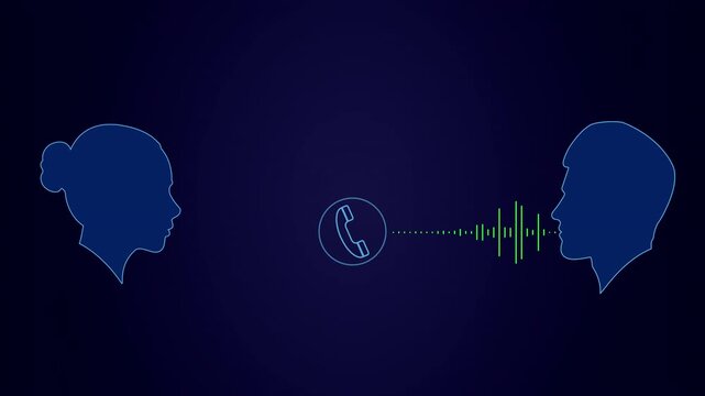 Sound spectrum between silhouettes of a man and a woman. Animation of a conversation, dialogue, or monologue.