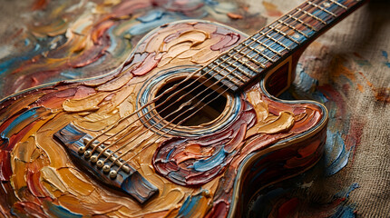 Colorful Acoustic Guitar with Abstract Paint Texture &ndash; Artistic Music Instrument Illustration for Album Cover Design, Concert Poster, Creative Branding and Modern Entertainment Background