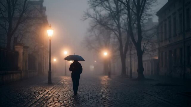 Woman walking alone on empty city street at night concept. Person walking alone on foggy cobblestone street at night with umbrella and glowing street lamps