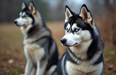 Obraz premium Two Siberian Huskies with bright blue eyes sit attentively outdoors in a park. One dog in the foreground is sharp, the other blurred behind. Their fur is black grey and white.