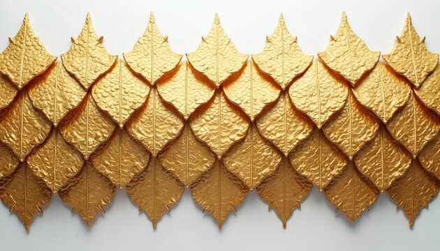 Golden textured scales repeat in abstract pattern. Similar to dragon snake or fish skin motif. Unique shiny reptile pattern on white surface.