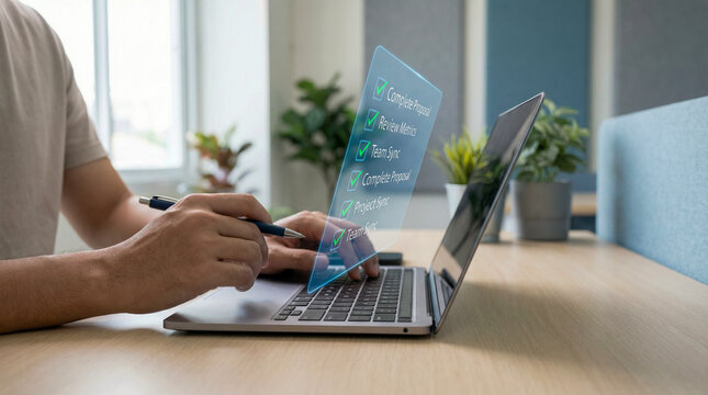 Profesional trabajando en port&aacute;til con checklist digital flotante. Concepto de productividad, gesti&oacute;n de tareas y cumplimiento de objetivos empresariales.