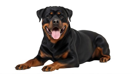 Fototapeta premium A happy Rottweiler dog lying on a transparent background