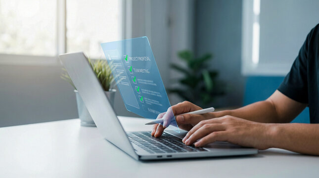 Profesional trabajando en port&aacute;til con checklist digital flotante. Concepto de productividad, gesti&oacute;n de tareas y cumplimiento de objetivos empresariales.