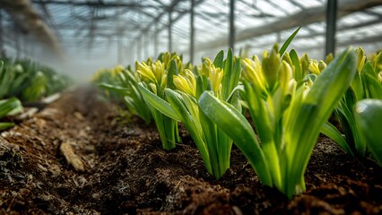 Lush Green Plants Thriving in a Bright Greenhouse Environment