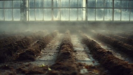 Misty Greenhouse with Grainy Texture and Earthy Soil Rows