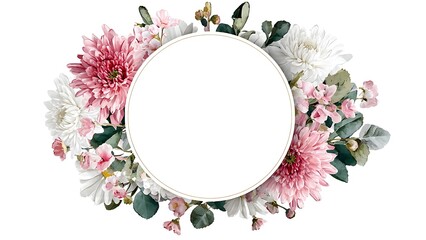 Watercolor Floral Wreath with Chrysanthemums and Pink Flowers
