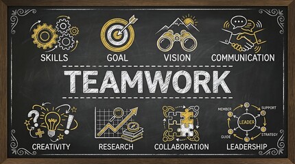 Teamwork concept on chalkboard with business skills and strategy