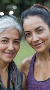 Two women of different ages smiling together outdoors, representing intergenerational connection and friendship
