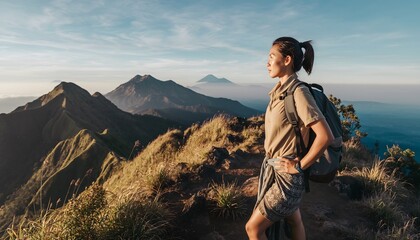 Fototapeta premium Adventurous Woman with Backpack Standing on Mountain Peak Looking at Majestic Landscape at Sunrise