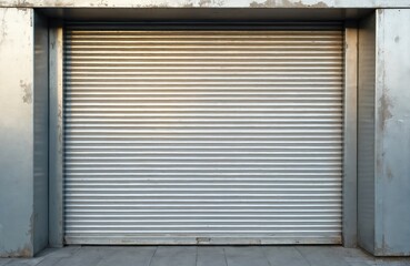 Closed metallic roller shutter door on grunge building facade. White industrial gate, exterior security protection for shop or garage. Modern architectural element.