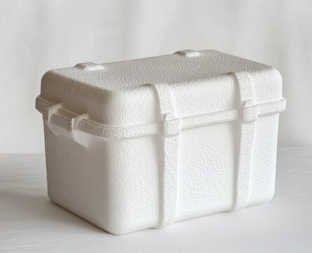 closed white textured foam cooler with molded straps and handles on a minimal clean tabletop conveying calm and simplicity