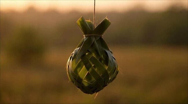 Traditional Woven Coconut Leaf Decoration Hanging Against a Soft Sunset Bokeh Background