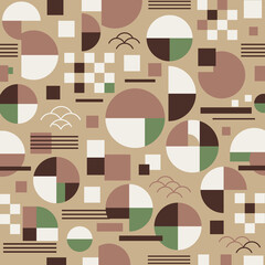 くすみカラーの和モダン幾何学シームレスパターン背景（ベージュ）：円や半円、格子を組み合わせた落ち着きのある和モダンのデザイン。北欧テイストを感じるアースカラー配色で、食品パッケージ、クッキー箱、和洋菓子包装、ノート表紙、ポスター、デザインペーパーに最適。上下左右につながるリピート背景素材。