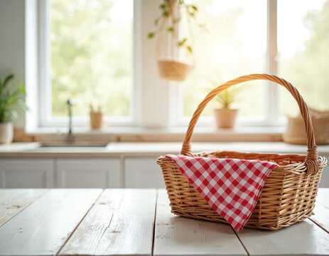Wicker picnic basket with red checkered cloth sits on weathered wooden table. Bright kitchen window with green nature outside. Ready for outdoor meal.