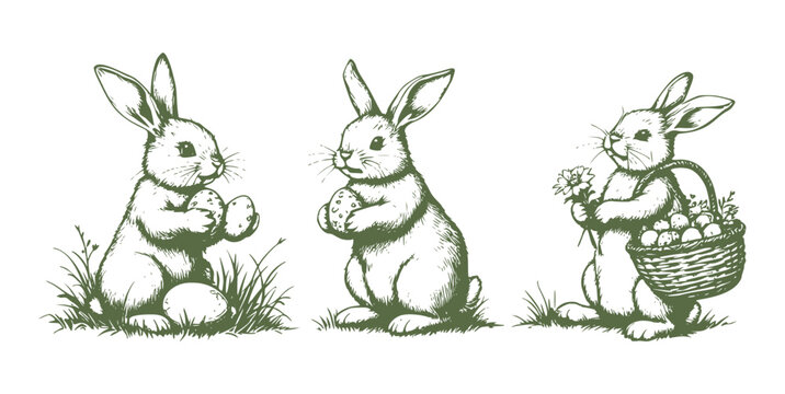 Vintage Easter Bunny Vector Set Cute Cartoon Rabbits Spring Collection With Eggs Basket Flowers