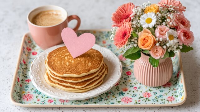 Delicious Pancakes with Coffee and Fresh Flowers on Floral Tray Cozy Breakfast Celebration Sweet Start to Mothers Day