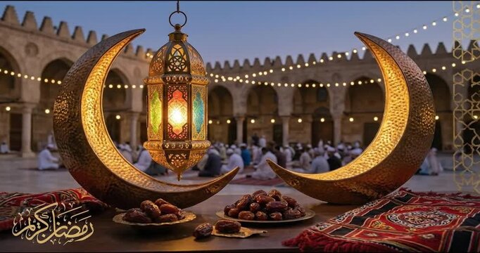 A captivating evening scene showcases rich cultural elegance and a tranquil ambiance. In the foreground, a prominent golden crescent moon decoration stands alongside an exquisitely detailed, illuminat
