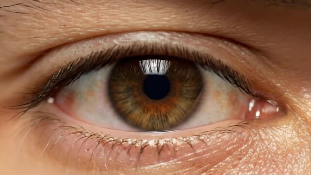 Extreme macro close-up of human brown eye blinking and dilating