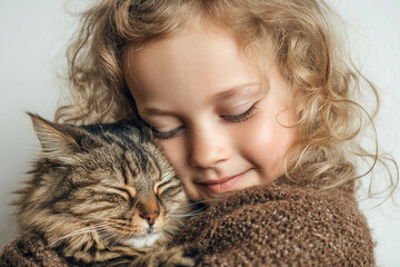 Cute child cuddling a fluffy cat