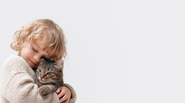 inimalist portrait of child hugging cat on white background