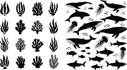 Underwater marine life silhouette set, whale shark jellyfish dolphin coral reef elements, ocean wildlife aquatic nature, cad drawing flat vector illustration, © mstHasina