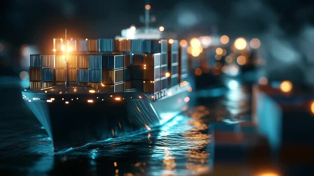 Autonomous fleet of ships transporting goods across ocean, unmanned vessels, maritime automation, shipping innovation, defocused water, with copy space