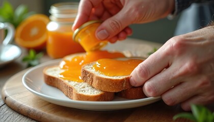 Man spreads orange jam on white bread slices for breakfast. Close up shot of hands preparing a sweet, crispy sandwich with fruit preserve from a small jar.