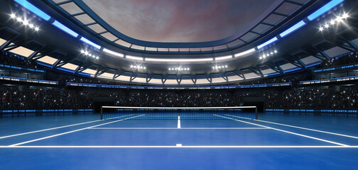 Blue tennis court at a sports arena with shining spotlights and fans ready for the upcoming grand sporting event. Professional sports background for advertisement. © LeArchitecto