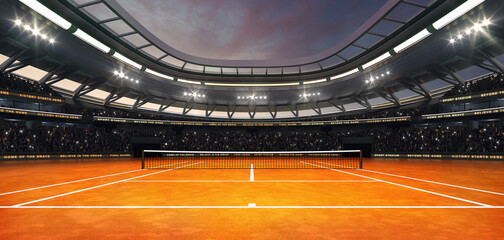 Clay tennis court at a sports arena with shining spotlights and fans ready for the upcoming grand sporting event. Professional sports background for advertisement. © LeArchitecto