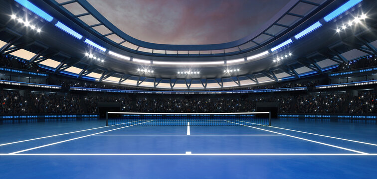 Blue tennis court at a sports arena with shining spotlights and fans ready for the upcoming grand sporting event. Professional sports background for advertisement.