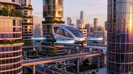 AI Generated Futuristic Drone Taxi Flying Over Smart Eco City at Golden Hour