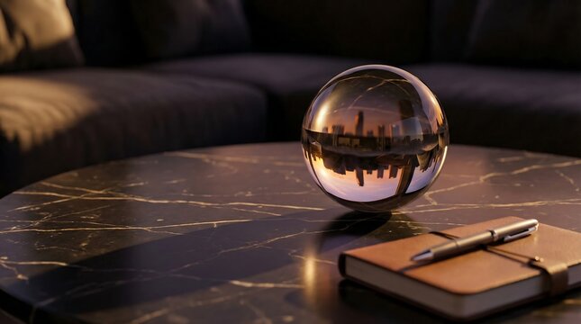 Modern office desk with reflective glass globe and leather journal