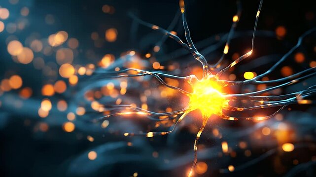 Microscopic view of neuron cells firing glowing synapses, brain activity concept, neuroscience and AI, dark background, soft focus, with copy space