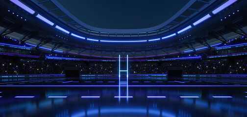 Empty futuristic ruggy sports stadium with neon lighting is ready for the upcoming grand event. My own design of 3D rendering illustration. © LeArchitecto