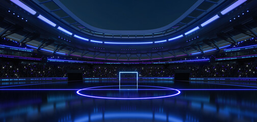 Empty futuristic soccer or football sports stadium with neon lighting is ready for the upcoming grand event. My own design of 3D rendering illustration. © LeArchitecto