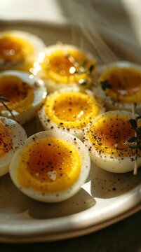 Close-up of boiled egg halves seasoned with spices on a plate with natural lighting