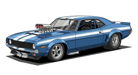 Vintage Blue Muscle Car Illustration.