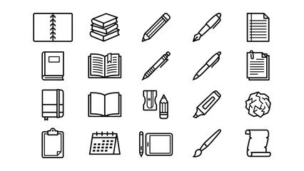 Fototapeta premium Flat Line Art Vector Icons for Stationery, Education, and Office Supplies. Modern Minimal Outline Symbols for Writing, Drawing, Studying, and Creative Work on White Background.