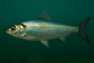Fototapeta premium A close-up of a silver fish swimming underwater from a side viewpoint in the ocean