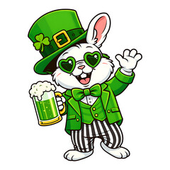 Cute Saint Patricks Day Bunny Character Wearing Green Hat Holding Beer Cartoon Irish Celebration Mascot Isolated Transparent PNG Illustration